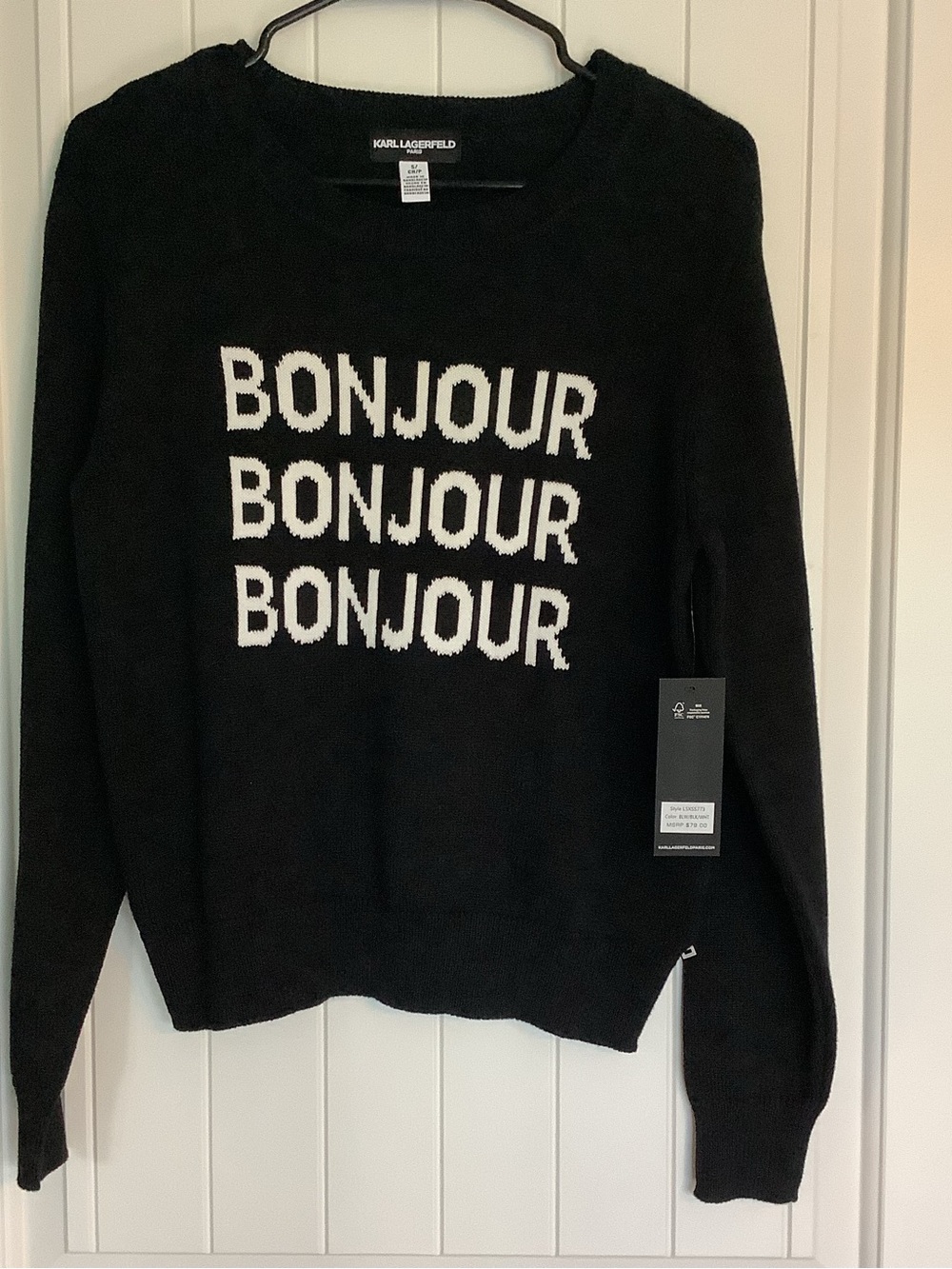 Karl Lagerfeld Black Sweater with White "Bonjour"‎ Repeat
